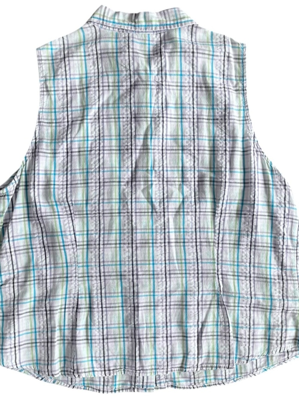 Basic Editions Sleeveless Plaid Button-Up Shirt - White/Blue - Picture 2 of 6